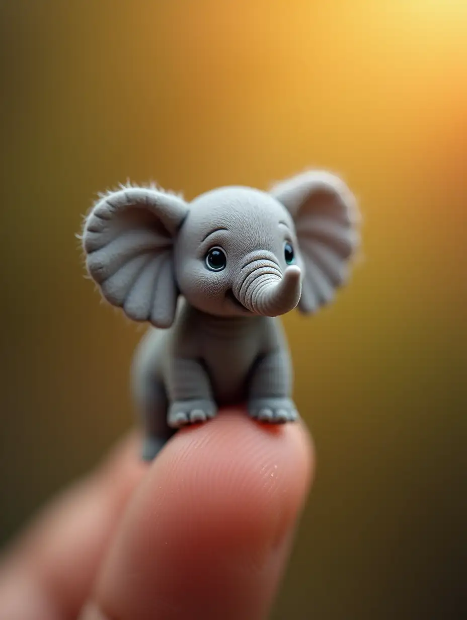 Create a hyper-realistic image of a tiny Elephant, small enough to fit on the tip of a human finger. The animal should appear detailed and slightly fluffy, with a whimsical and adorable expression, set against a softly blurred natural background with warm lighting. The focus should emphasize the delicate size and intricate details of the animal, making it the centerpiece of the composition