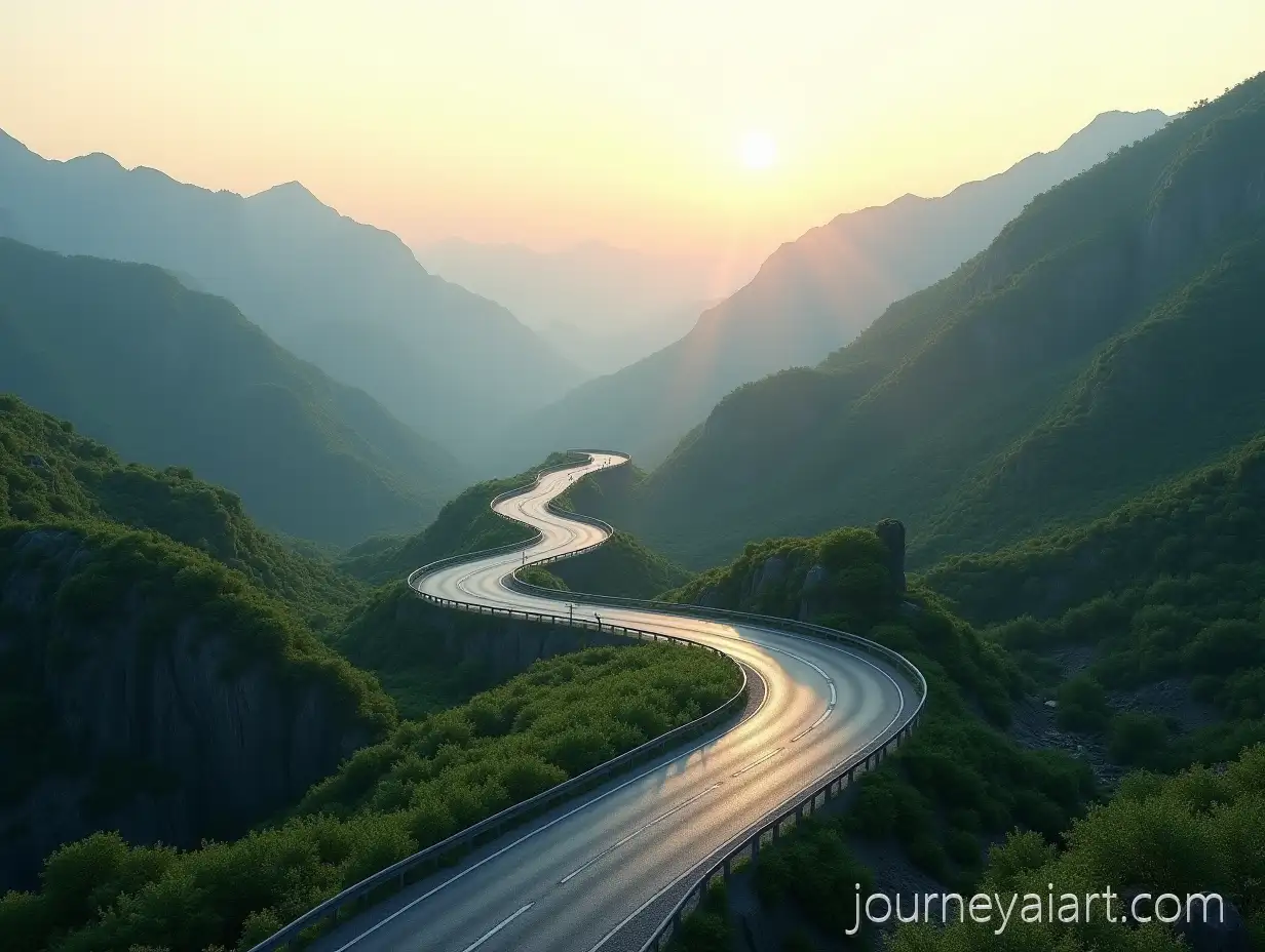 Serpentine-Mountain-Road-with-Futuristic-Floating-3D-Location-Pins-at-Sunset