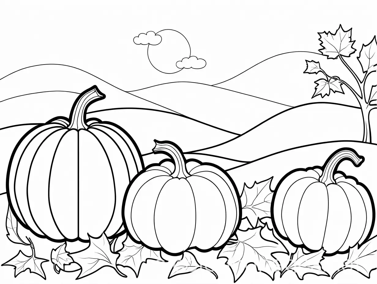 pumpkins in a field, Coloring Page, black and white, line art, white background, Simplicity, Ample White Space. The background of the coloring page is plain white to make it easy for young children to color within the lines. The outlines of all the subjects are easy to distinguish, making it simple for kids to color without too much difficulty