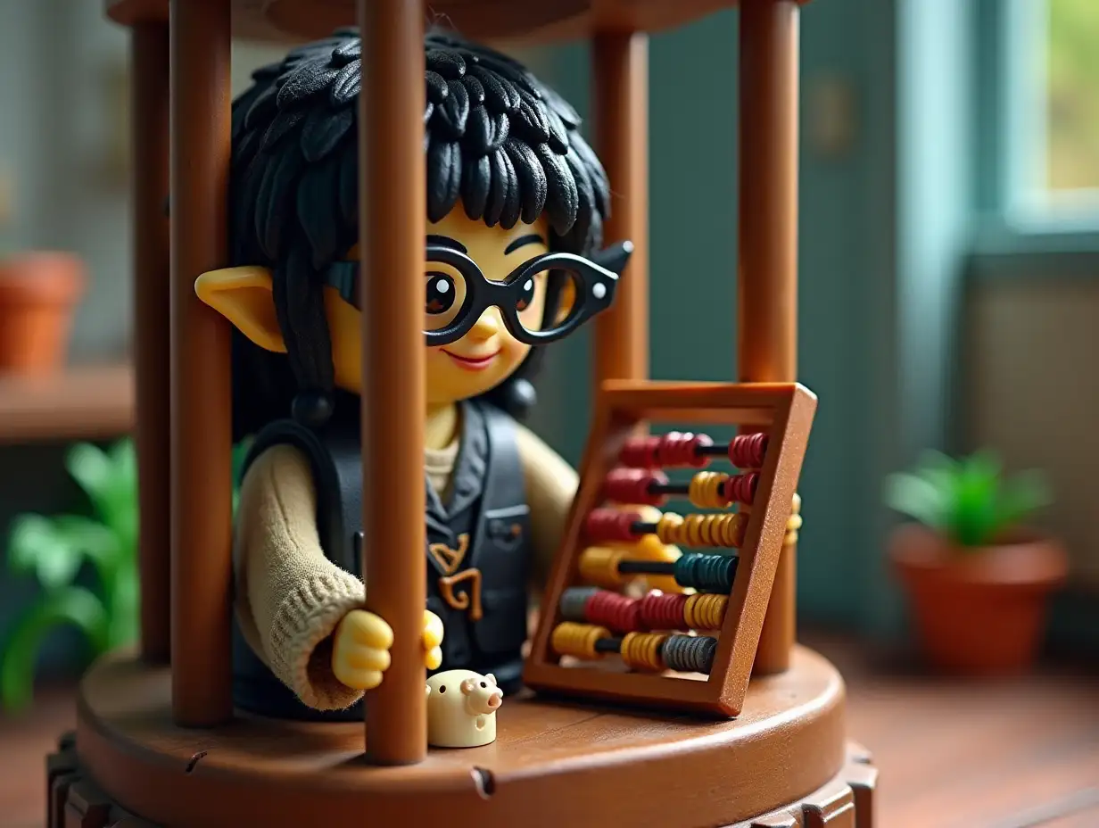 A Playmobil set of a black-haired goblin in a cage, with a large abacus and glasses in hand. It's daytime