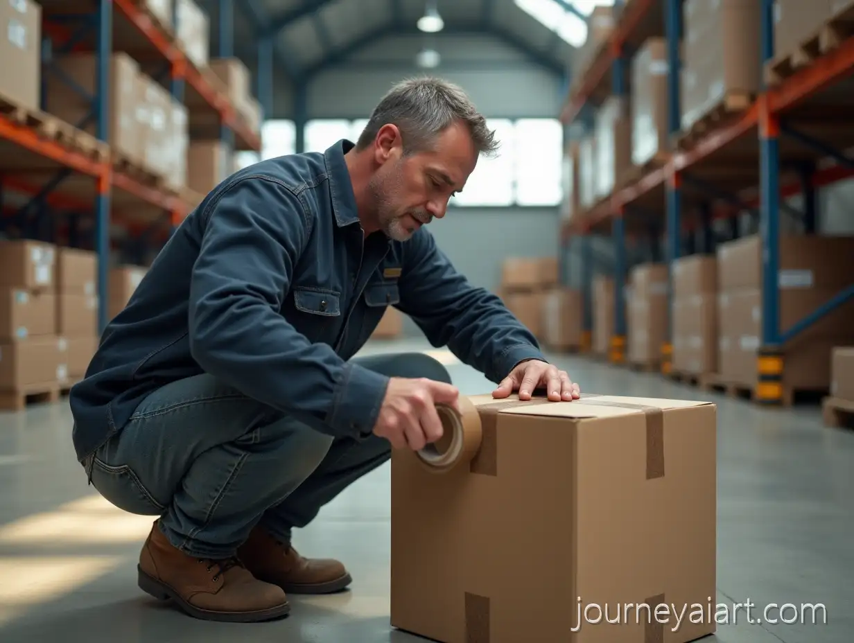 Caucasian-Worker-Packing-Shipping-Box-inWarehouse-worker-packing-box-Modern-Industrial-Warehouse