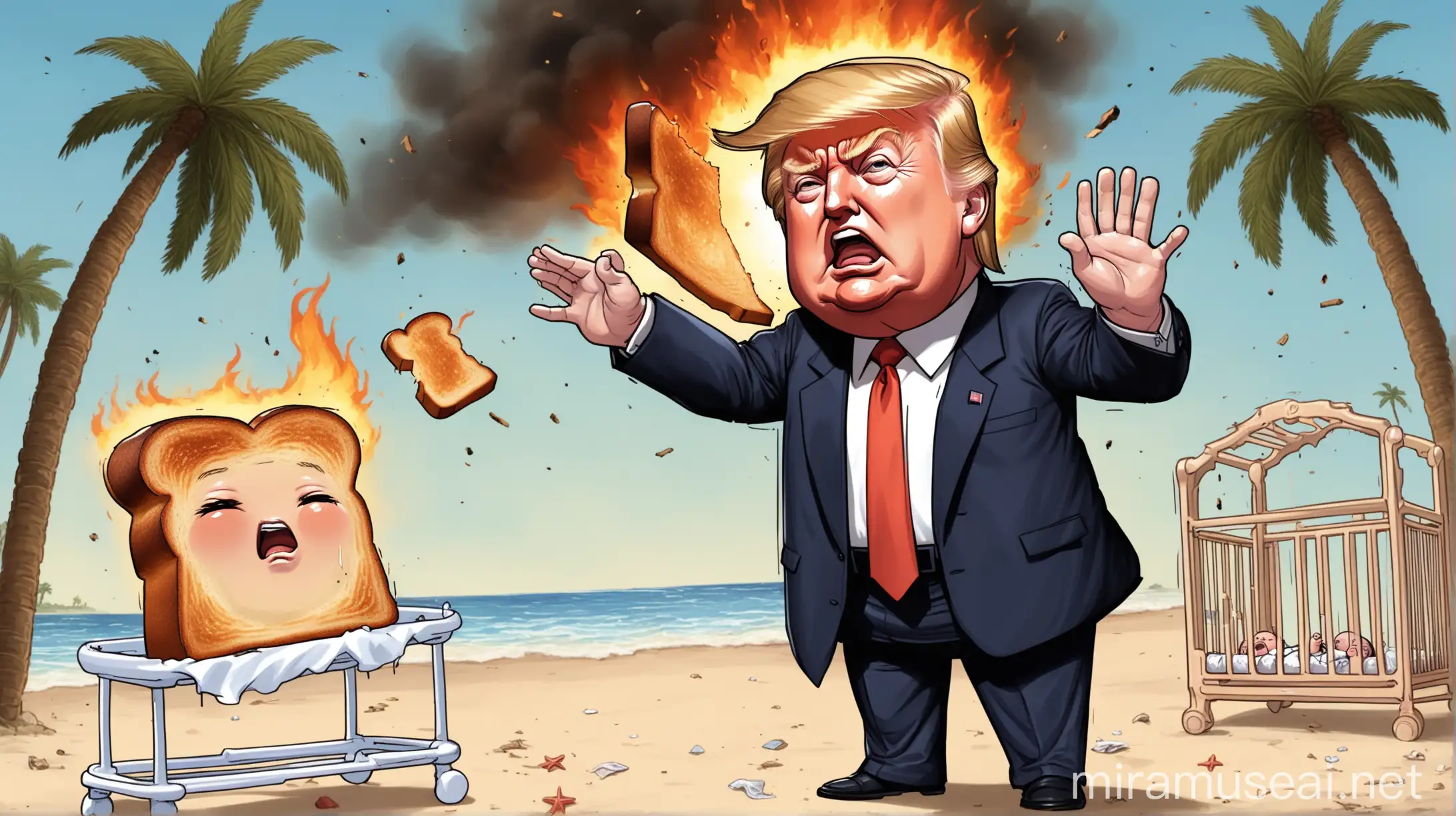 Donald Trump Holding Burnt Toast in Baby Crib on Beach Background