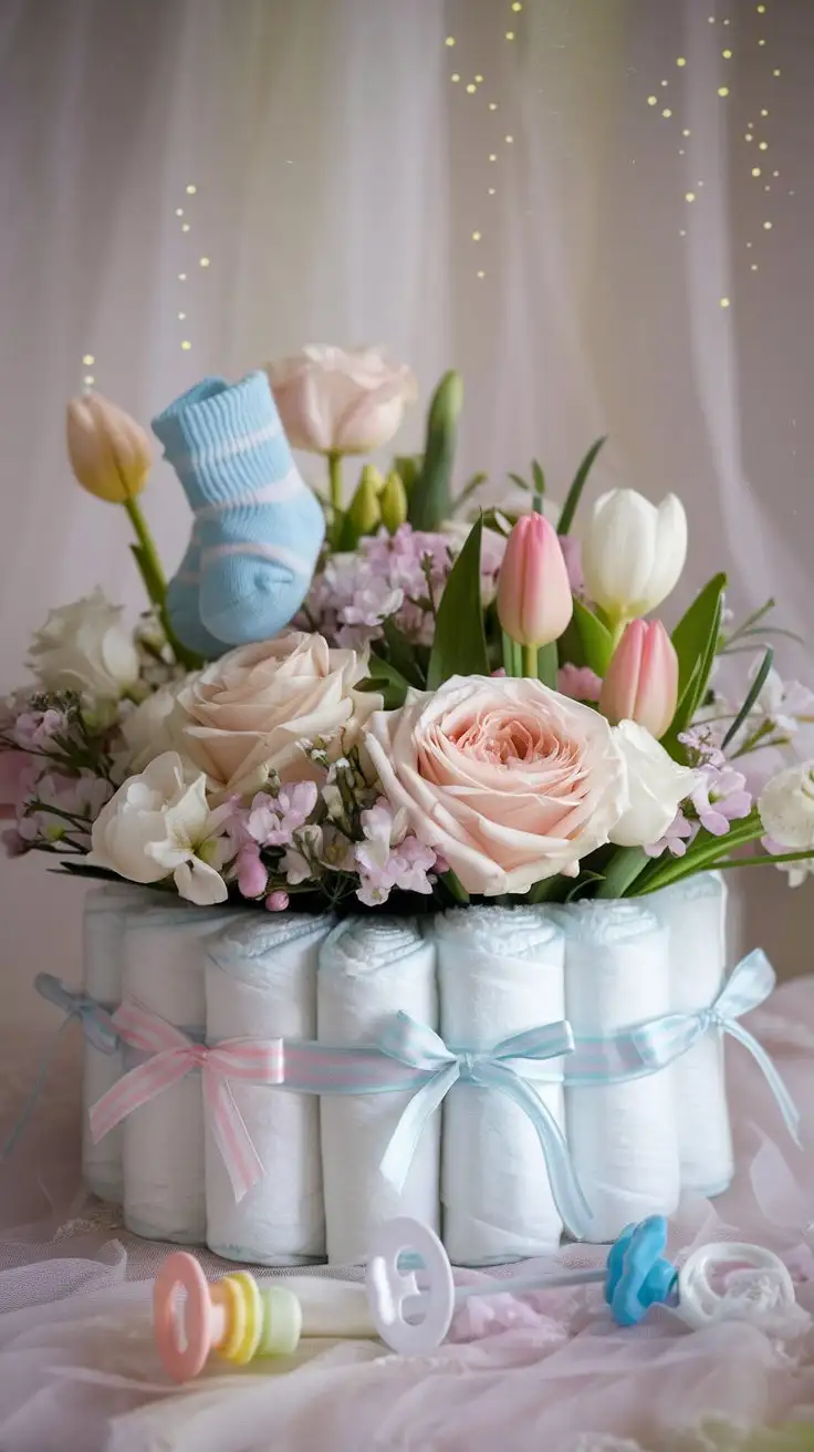 Whimsical-Baby-Shower-Centerpiece-with-Pastel-Flowers-and-Playful-Accessories