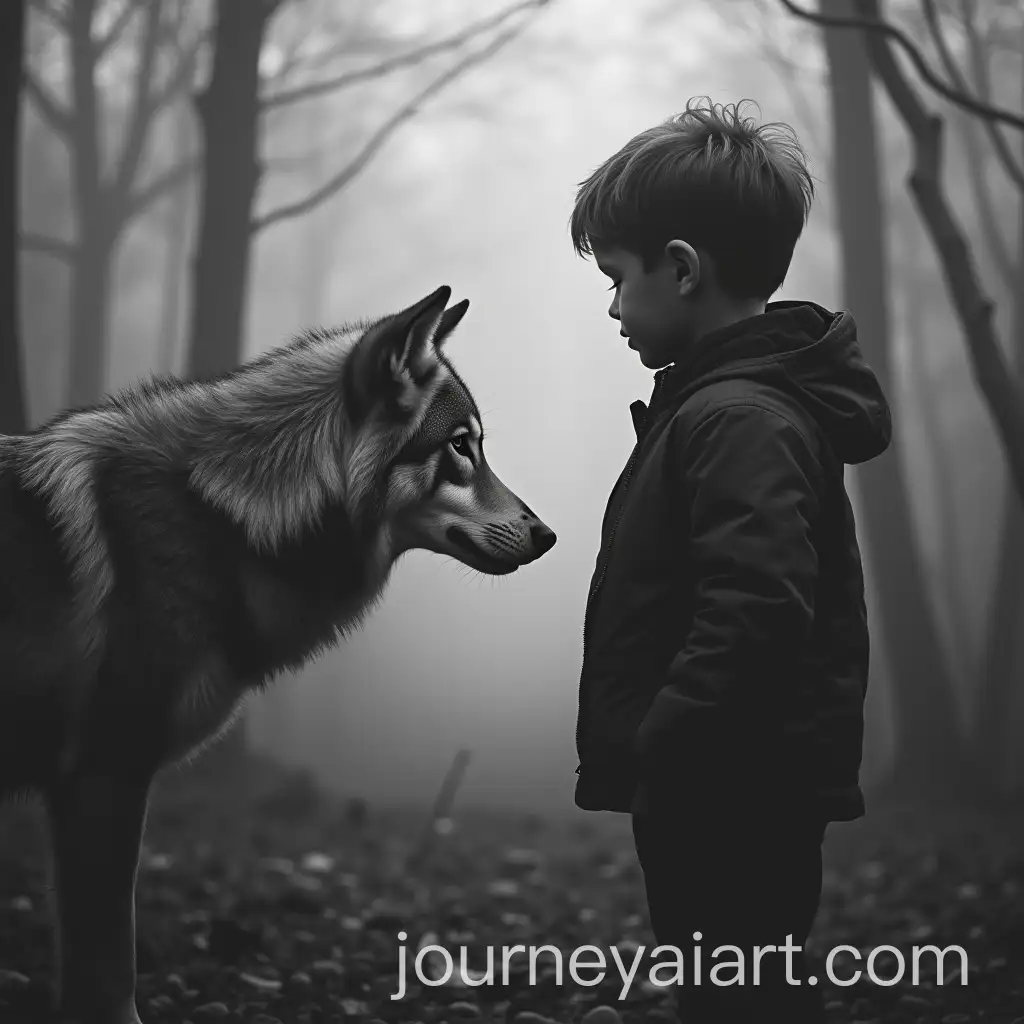 Boy-Staring-Face-to-Face-with-a-Wolf-in-a-Misty-Black-and-White-Scene