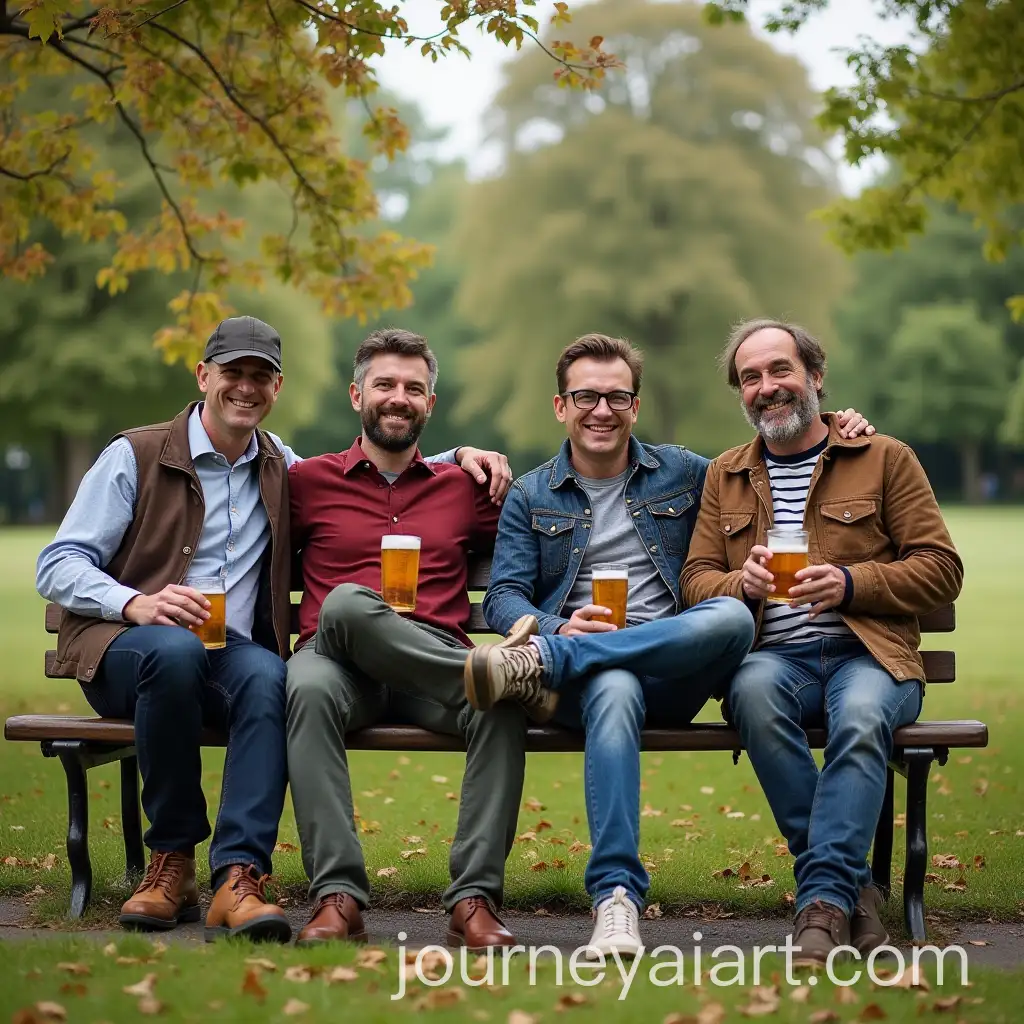 Four-Men-Enjoying-Beers-on-a-Park-Bench-in-a-Relaxed-Outdoor-Setting