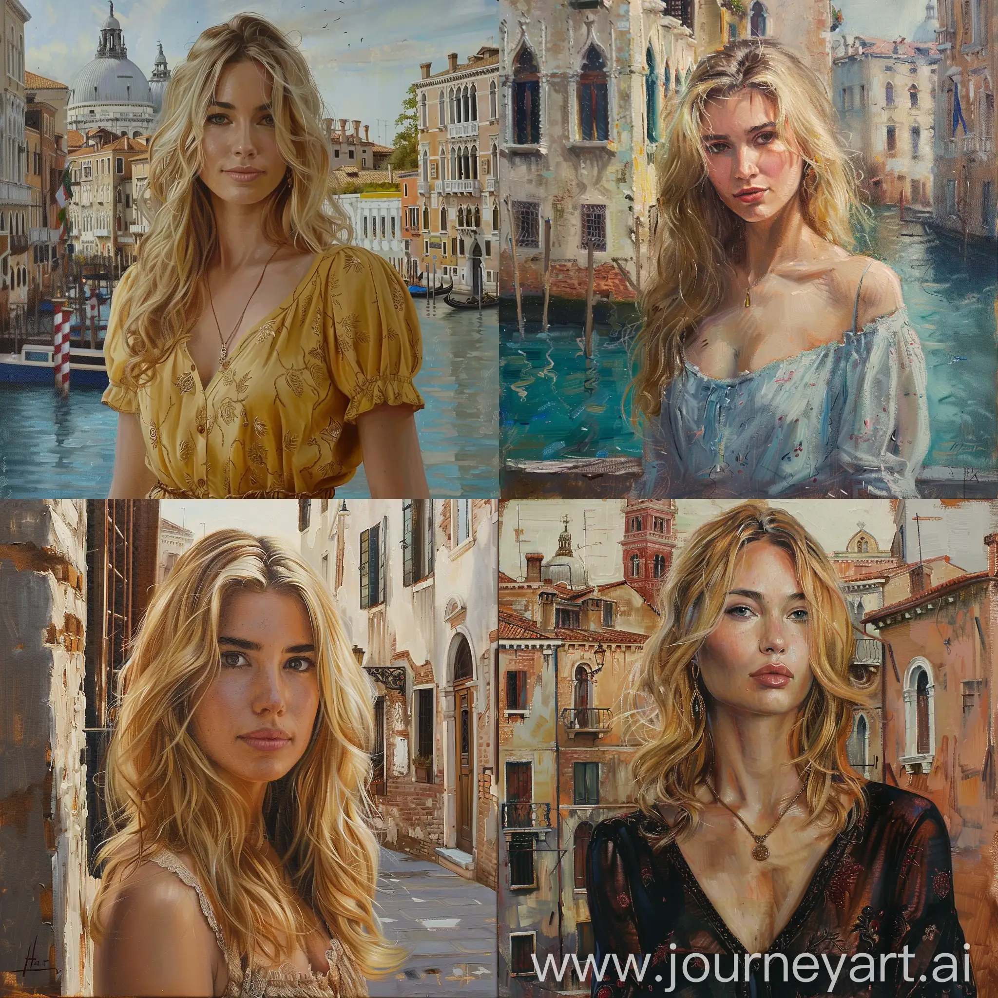 Oil-Painting-of-a-Beautiful-Woman-with-Blonde-Hair-and-Old-Venetian-Buildings-in-Background