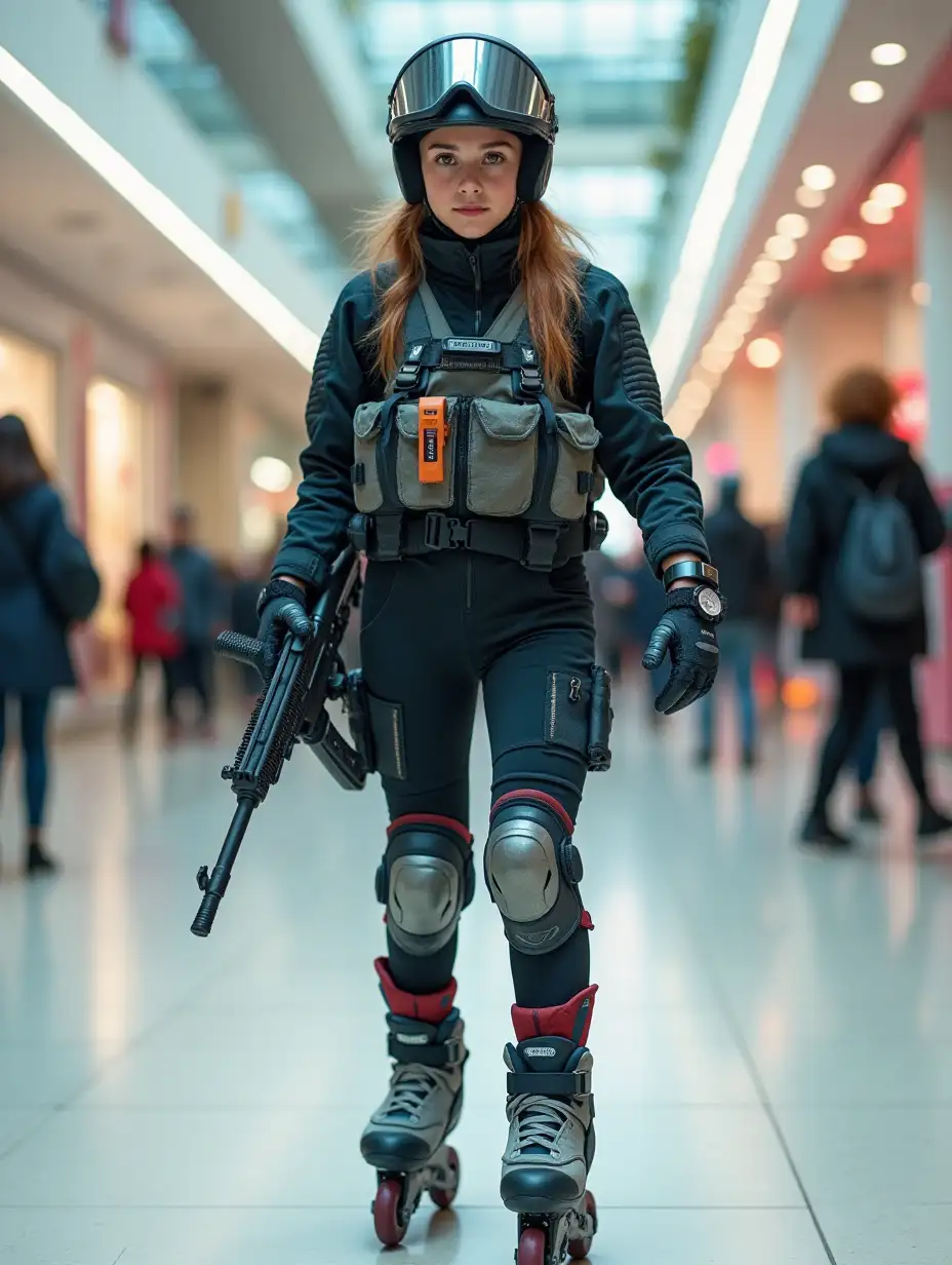 a 17 year old airsoft geared woman at a distance, she is skating in a shopping mall, holding a weapon, ordinary people in background, clothes have racing colors, she is wearing lots of functional sportswear, cycling gloves, airsoft helmet with transparent visor over eyes, smartwatch, reinforced plastic knee pads, modern inline skates with complete organized wheels