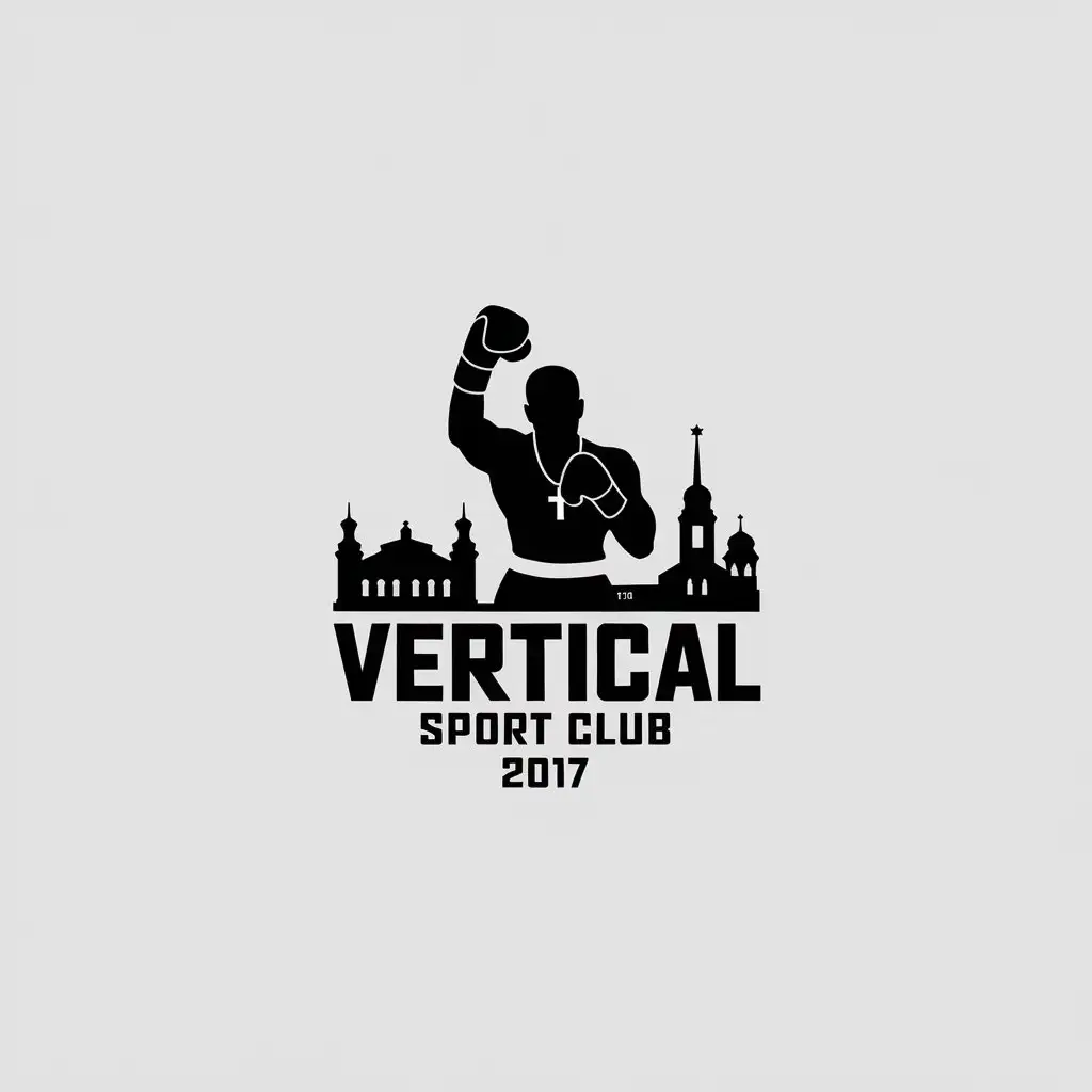 a vector logo design,with the text "VERTICAL sport club 2017", main symbol:Boxer with hand raised up, with a Christian cross on the neck, against the backdrop of Saint Petersburg,Minimalistic,be used in Sports Fitness industry,clear background