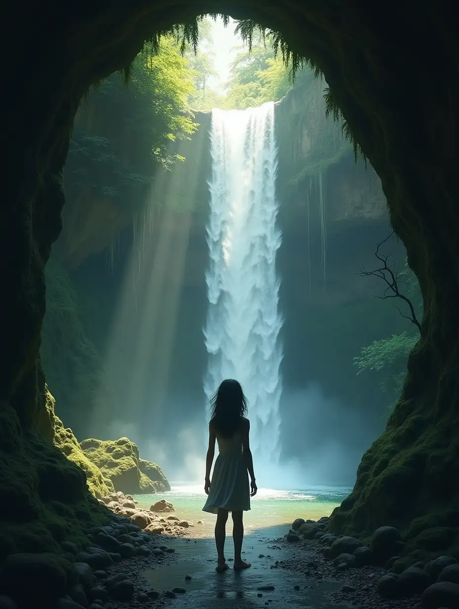 a girl around a waterfall, nature and an arch, like a portal, who wants to make a transition