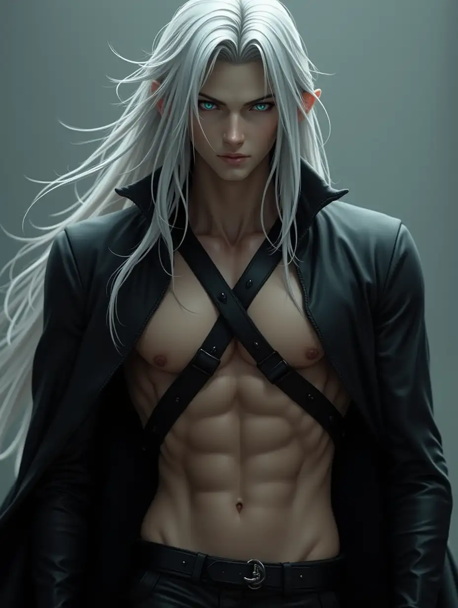 detailed 4k resolution commercial photo of Sephiroth as a 35-year-old tall, slender man with long, flowing silver hair, wearing a black harness with straps that crisscross over his chest and abdomen, the harness is attached to a pair of black tango shorts, a black cape is draped over his left shoulder, Sephiroth's eyes are a piercing blue-green color, and his lips are slightly parted, sensual, pretty face