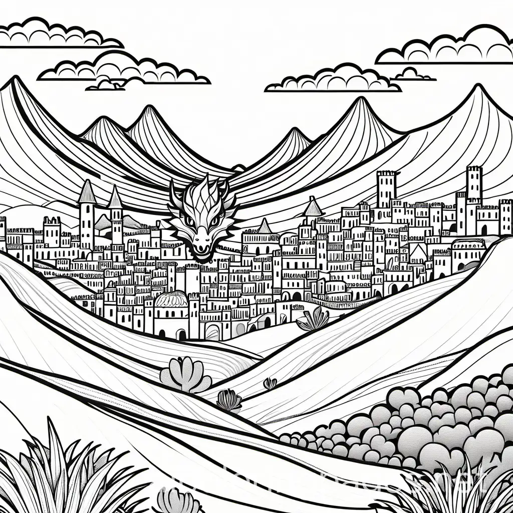 Fantasy-Town-Coloring-Page-Dragon-Attack-and-Desert-Scene