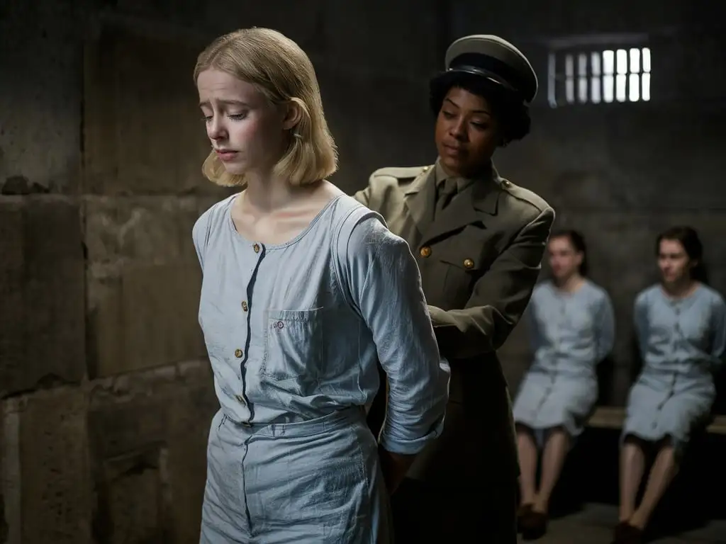 Sad Blonde Prisoner Woman with AfroAmerican Guard in 1945 Germany