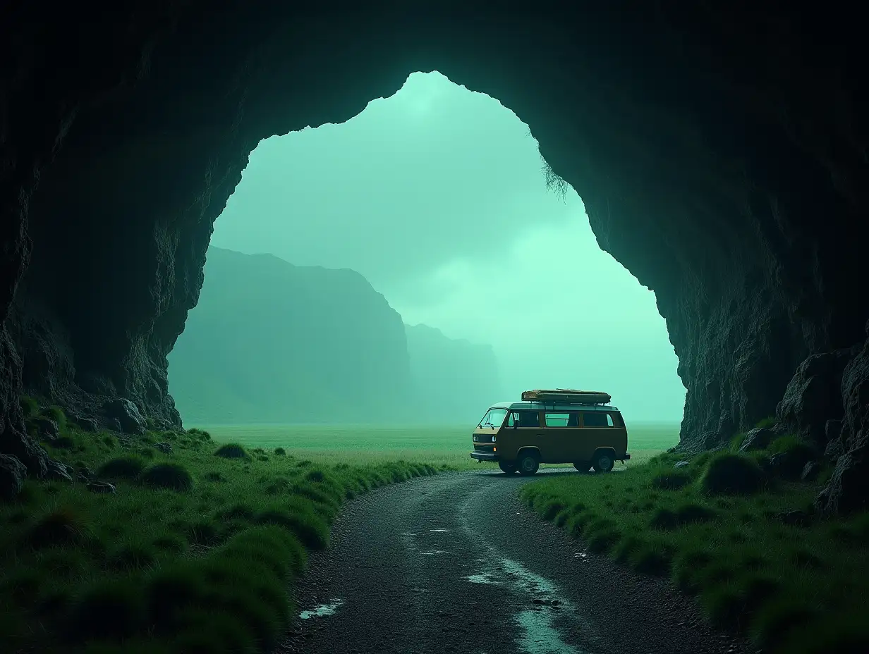 a van in a cave looking over a green turquoise field