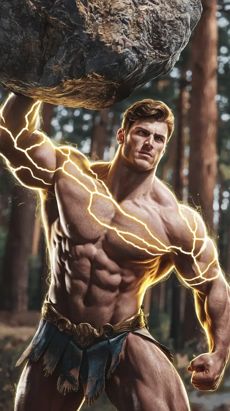 Supercharged brawn. Herculean powers. Golden electric glow. 27 years old. Reverently bold. Photorealistic.