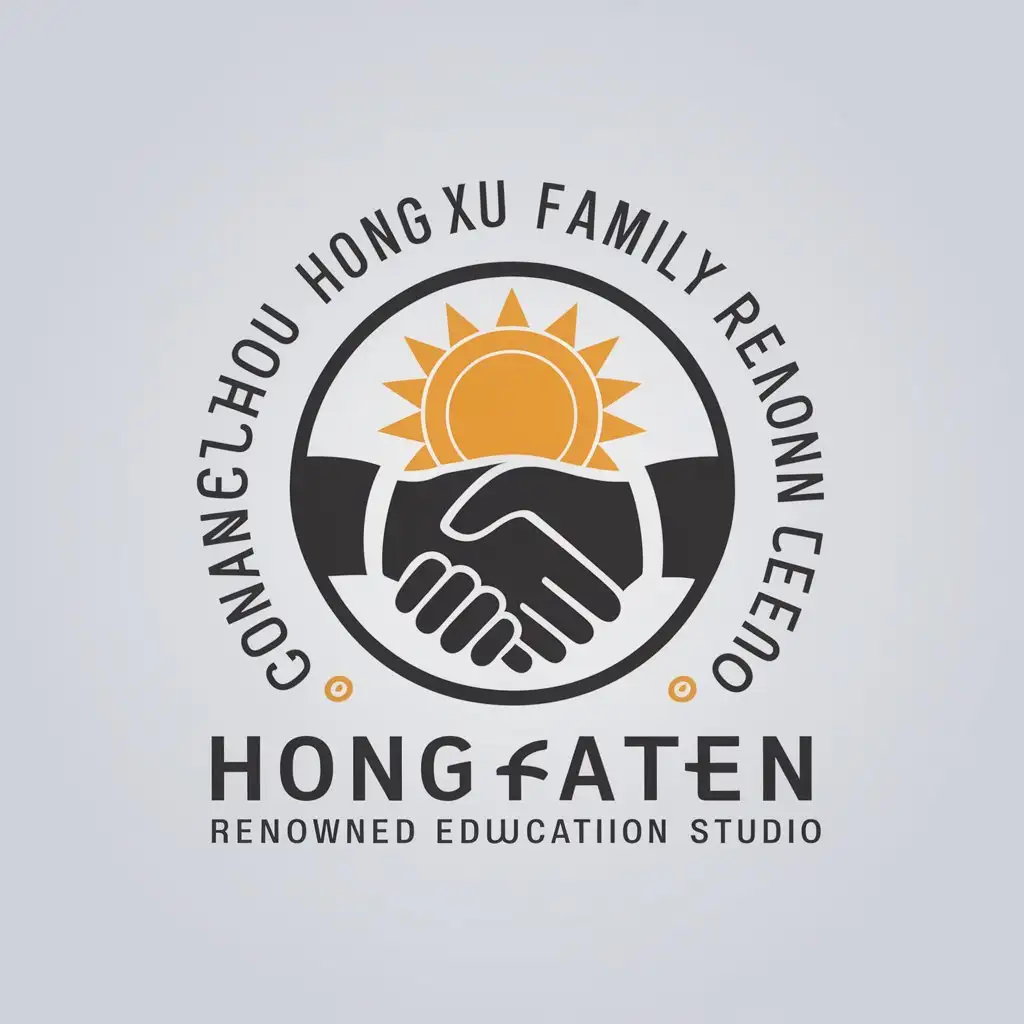 a vector logo design,with the text "Guangzhou Hong Xu Family Renowned Education Studio", main symbol:Circular logo, complete sun pattern and handshake pattern, sun on top, handshake pattern at the bottom,Moderate,be used in Education industry,clear background