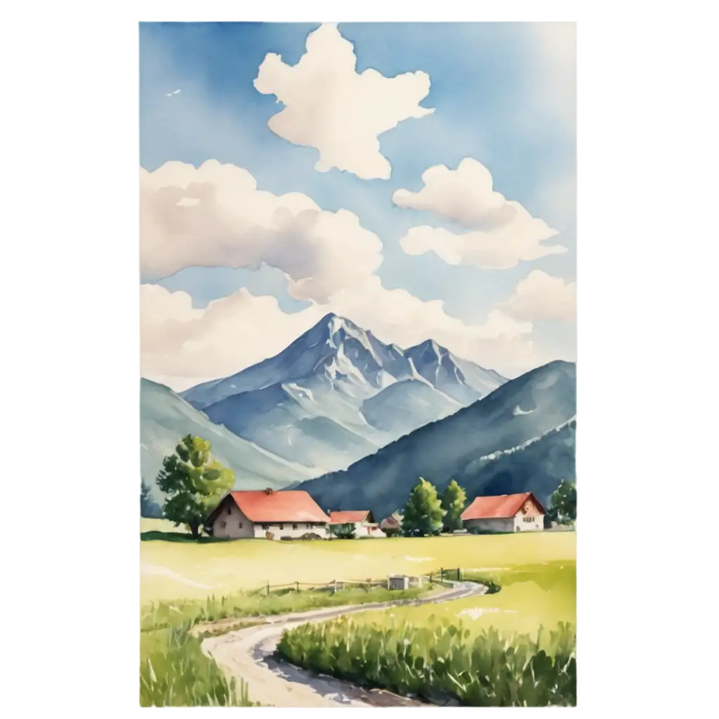 Dairy-Farm-in-the-Meadow-with-Mountains-Summer-Day-Watercolor-PNG-Image