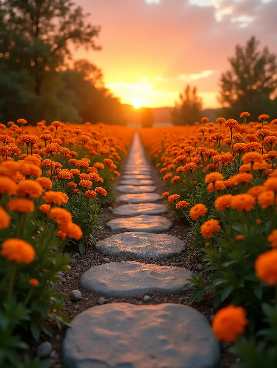 Marigold-Flower-Pathway-Under-a-Sunset-Sky