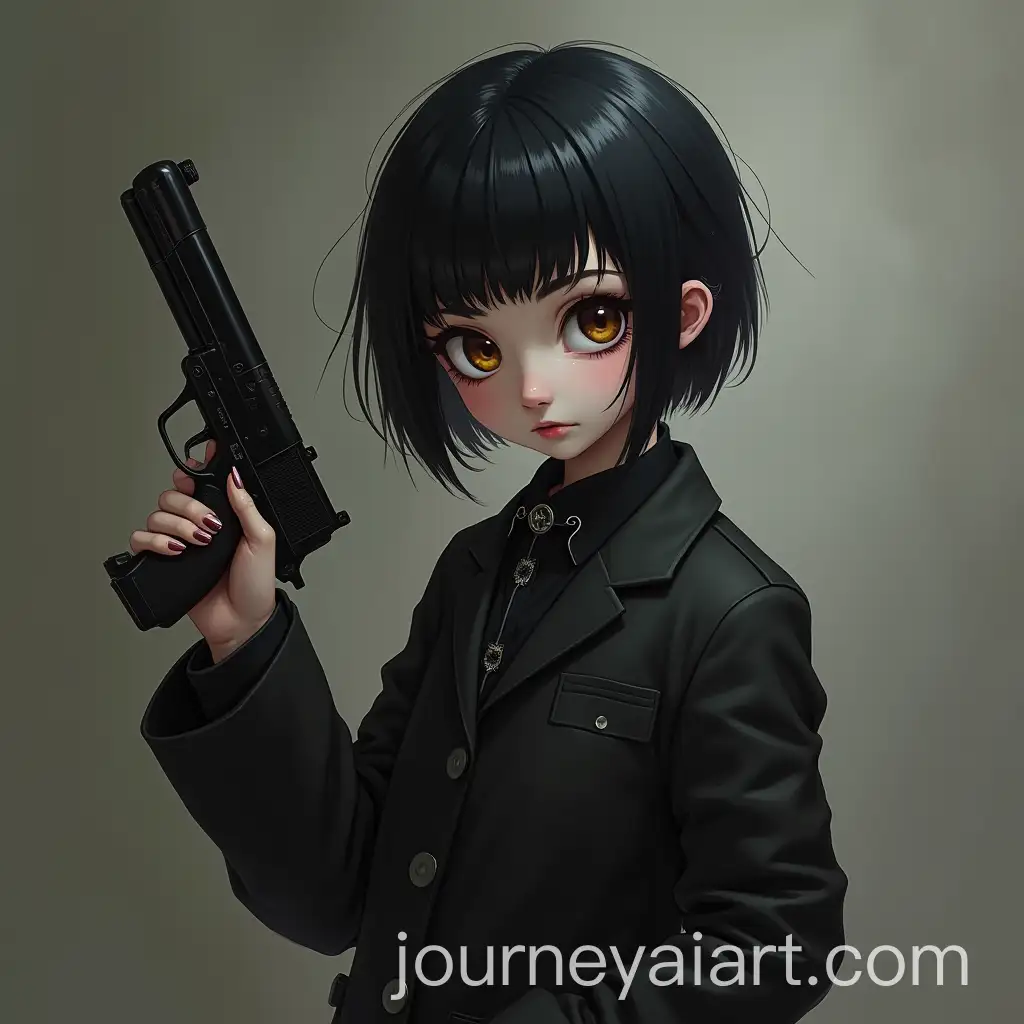 Short-Gothic-Girl-Holding-a-Gun-with-No-Eyebrows