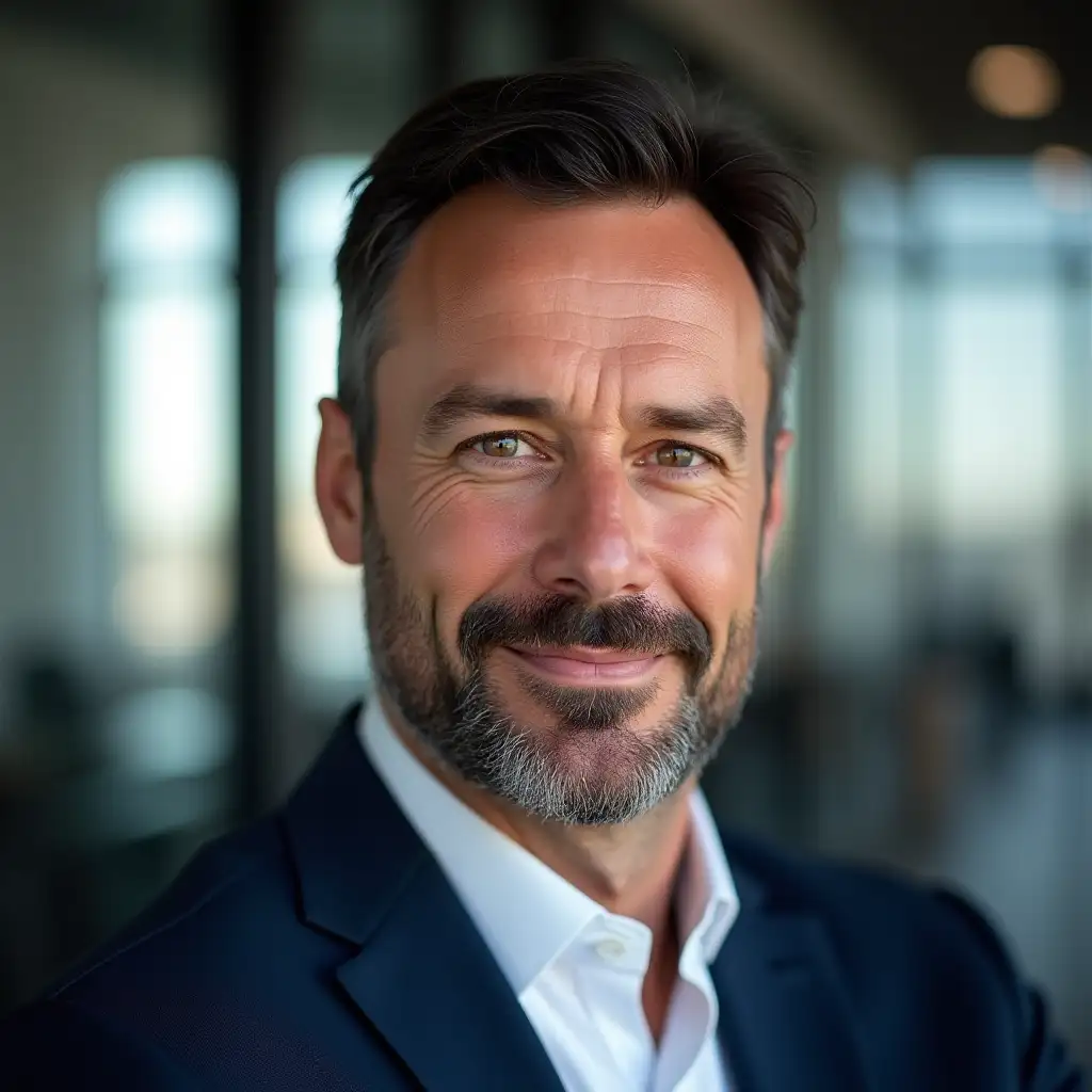 A highly detailed and photorealistic portrait of a middle-aged man with short dark hair and a well-groomed beard, wearing a navy blue suit and a white shirt. His expression is confident yet approachable, with warm brown eyes looking directly at the viewer. The lighting is soft and natural, casting subtle shadows on his face. The background is slightly blurred, depicting a modern office with large windows letting in natural daylight. The image has ultra-high resolution, realistic skin texture, and finely detailed fabric folds.