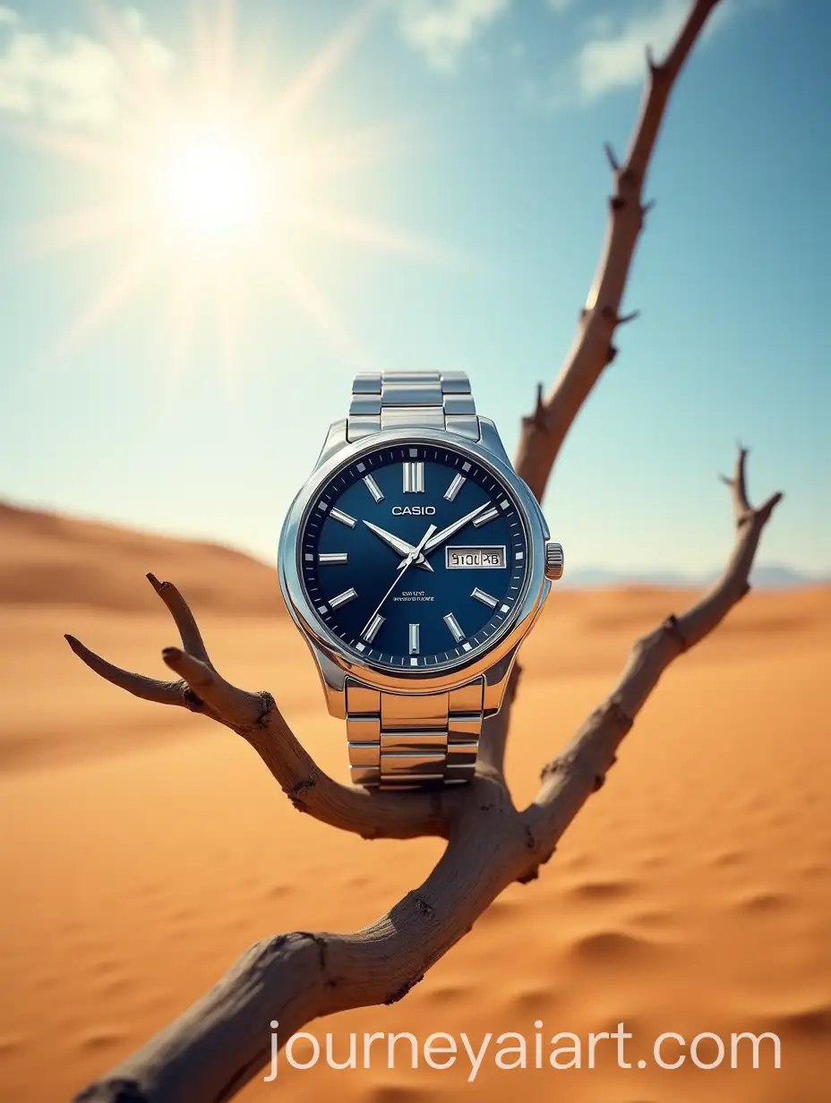 Luxury-Silver-Casio-Wristwatch-on-Tree-Branch-in-Golden-Desert-with-Dramatic-Lighting