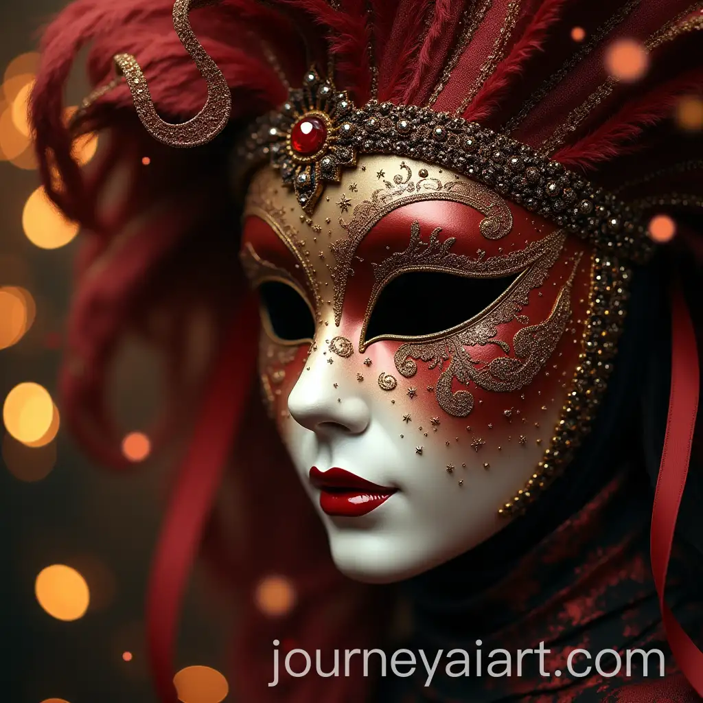 Venetian-Mask-with-Glitter-and-Streamers-in-Masquerade-Setting-with-Confetti-and-Bokeh-Lights