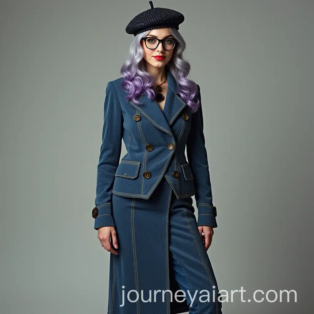 Fashionable-Woman-in-Corduroy-and-Denim-Ensemble-with-Retro-Makeup-and-Accessories