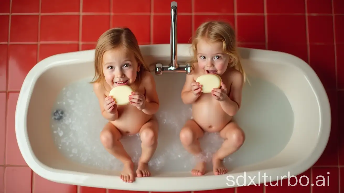 Two-Pregnant-Blonde-Girls-Playfully-Biting-Ivory-Soap-in-Preschool-Bathtub