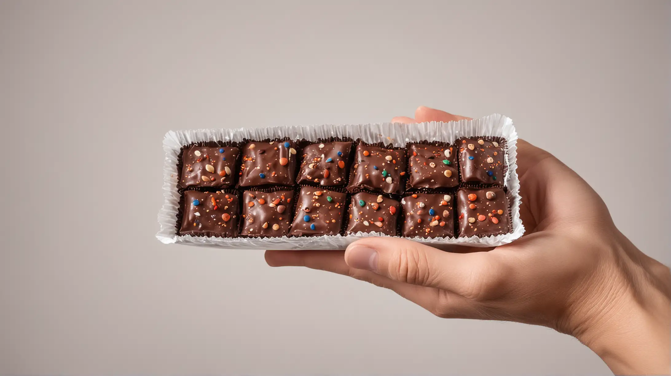 Hand Holding Packed Chocolate Snack on White Background