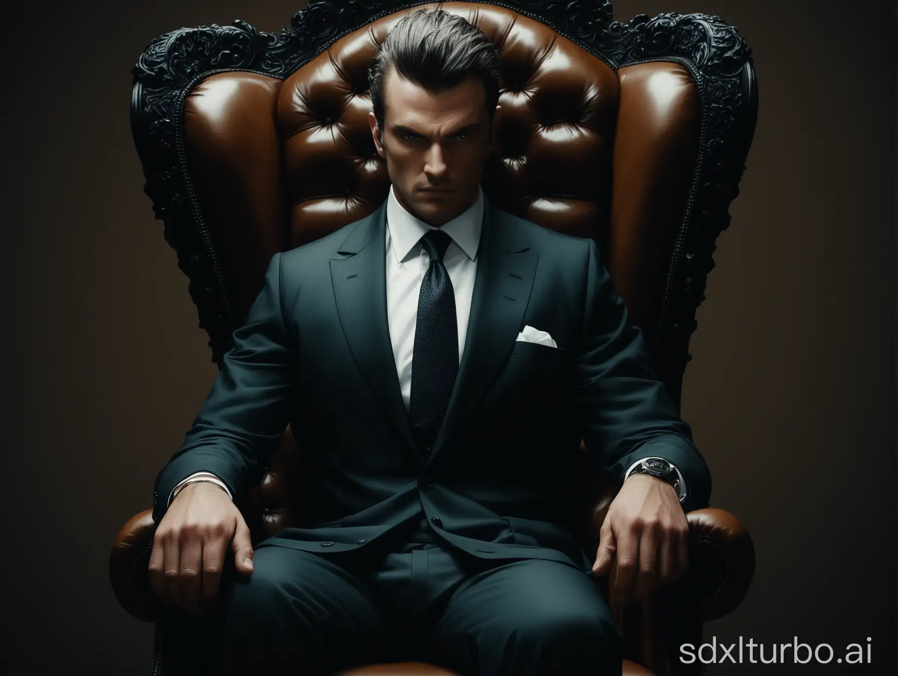 a fierce man in a suit sitting on a chair