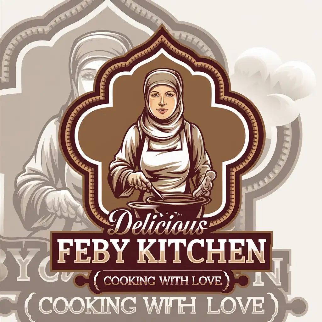 a vector logo design,with the text "DELICIOUS  FEBY KITCHEN (COOKING WITH LOVE)", main symbol:koki muslimah,complex,clear background