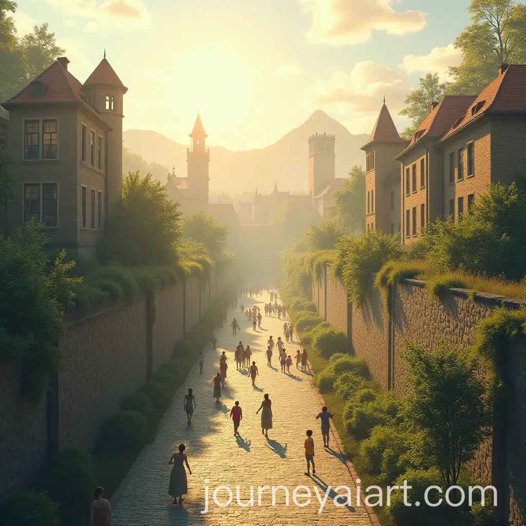 Bright-Cityscape-with-Buildings-Gardens-and-People-Under-the-Sun