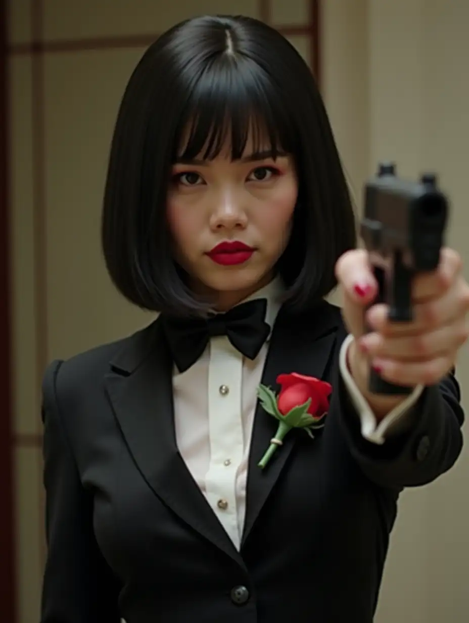 Female-Vietnamese-Spy-in-Formal-Tuxedo-Pointing-Gun