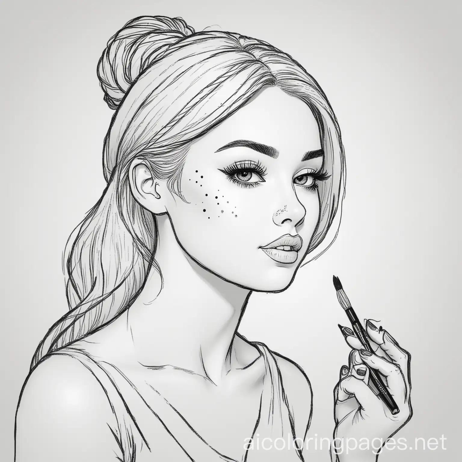 woman doing makeup, Coloring Page, black and white, line art, white background, Simplicity, Ample White Space. The background of the coloring page is plain white to make it easy for young children to color within the lines. The outlines of all the subjects are easy to distinguish, making it simple for kids to color without too much difficulty