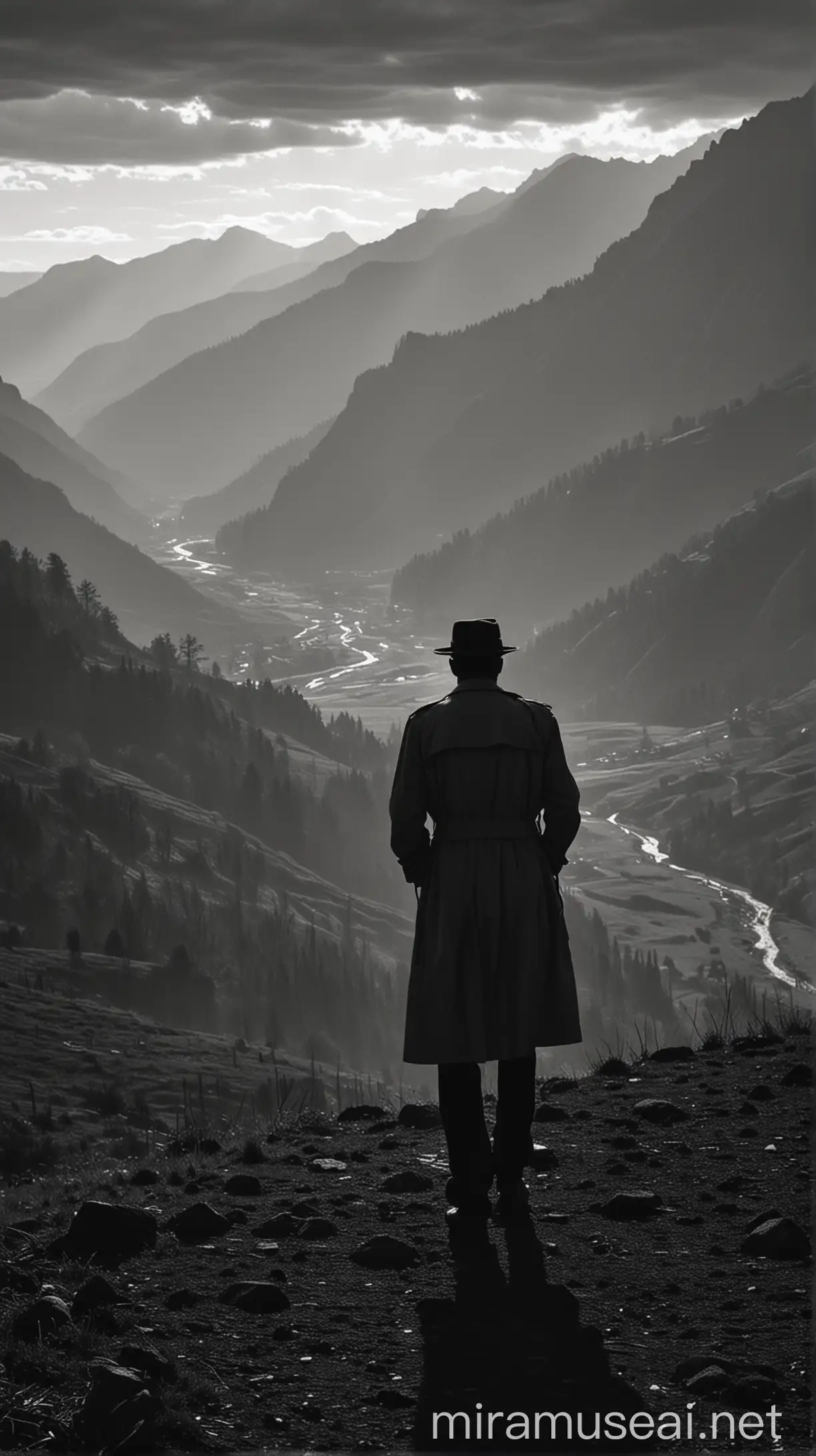 Vintage Silhouette in Trench Coat Contemplating Mountains