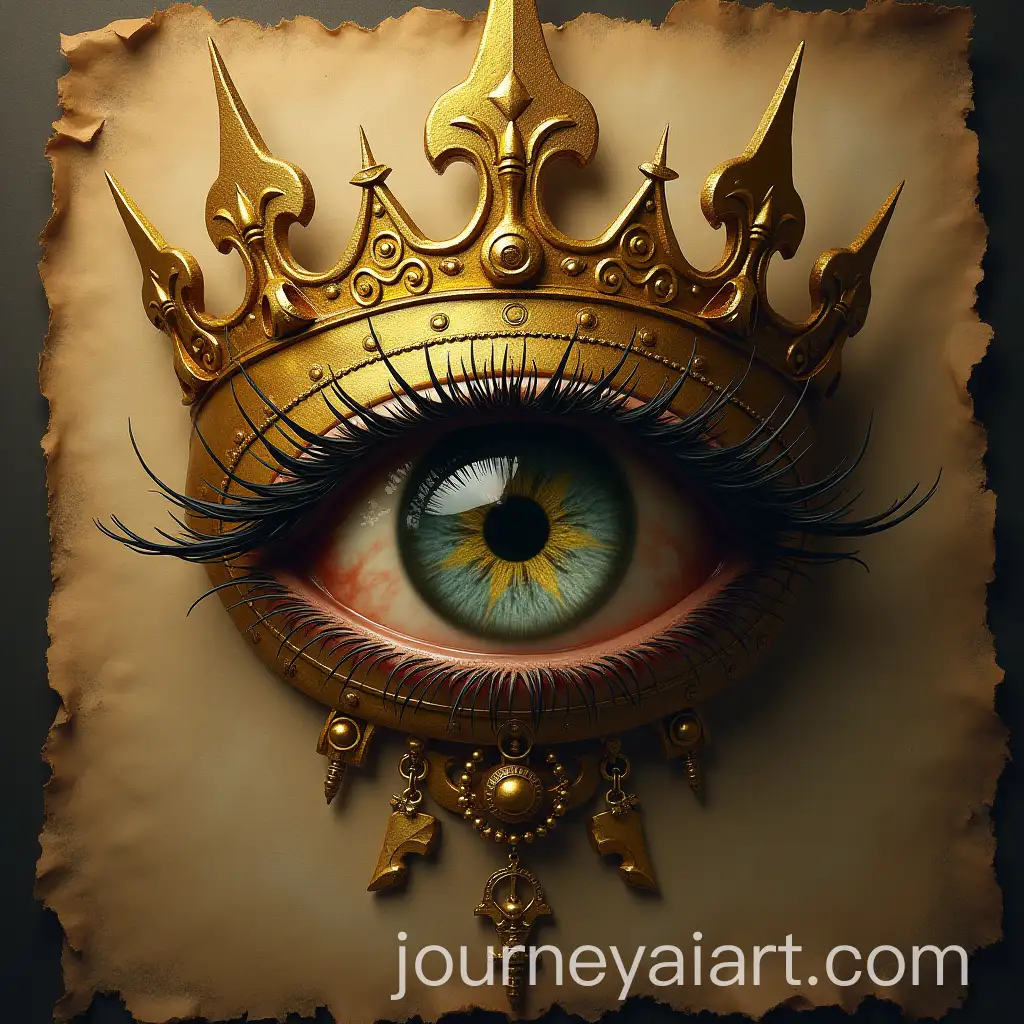 Fantasy-Art-Golden-Crown-with-Intricate-Runes-and-Human-Eye-on-Parchment-Background