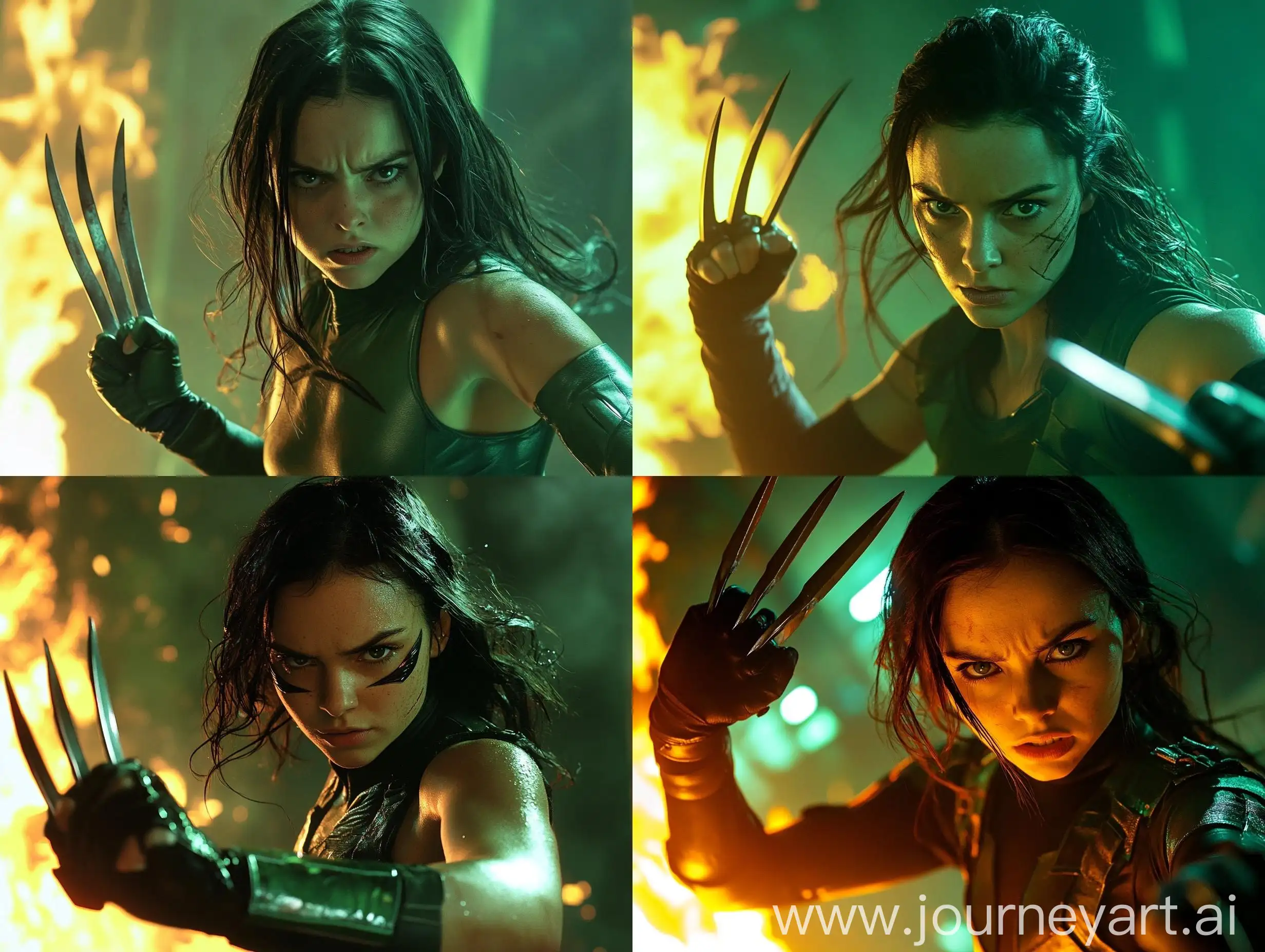 Confident-Lady-Superhero-with-Claws-Facing-Fire