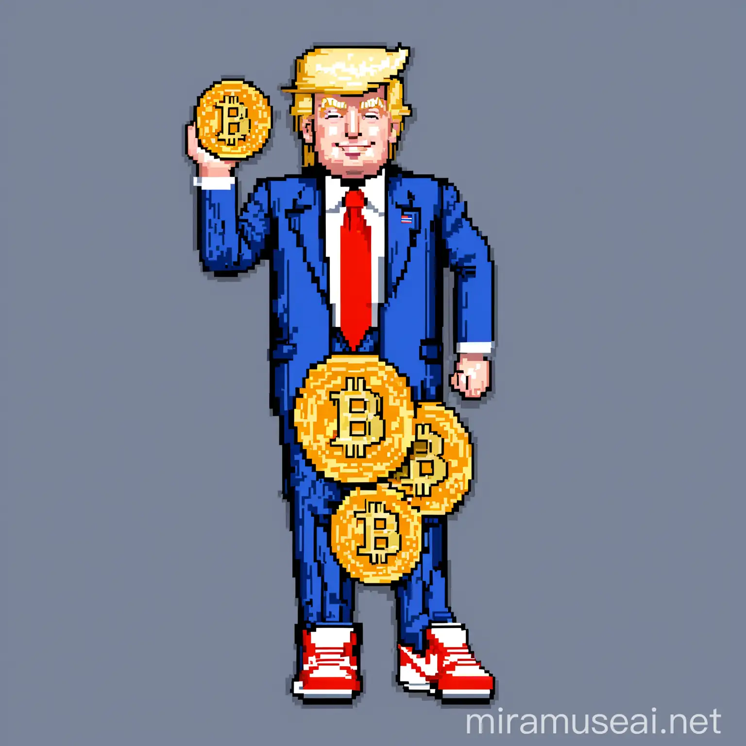 Pixel Art of Happy Donald Trump Holding Bitcoin in Nike Sneakers