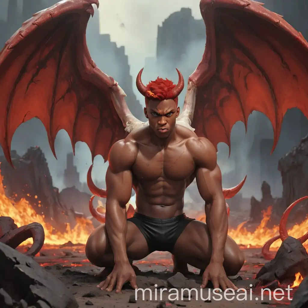 Determined Devil with Angelic Wings in Fiery Hell Landscape