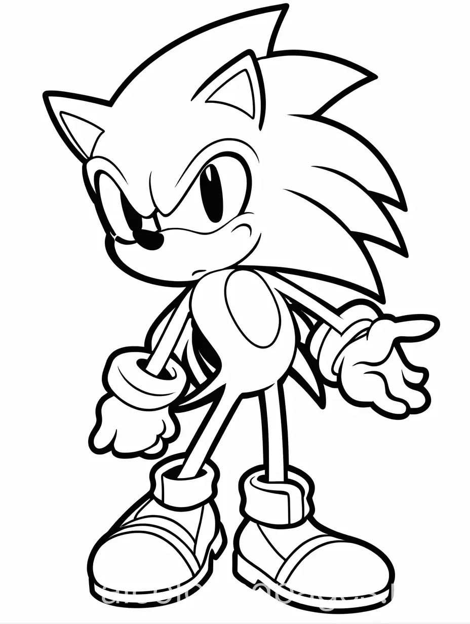 sonic the hedgehog, Coloring Page, black and white, line art, white background, Simplicity, Ample White Space. The background of the coloring page is plain white to make it easy for young children to color within the lines. The outlines of all the subjects are easy to distinguish, making it simple for kids to color without too much difficulty