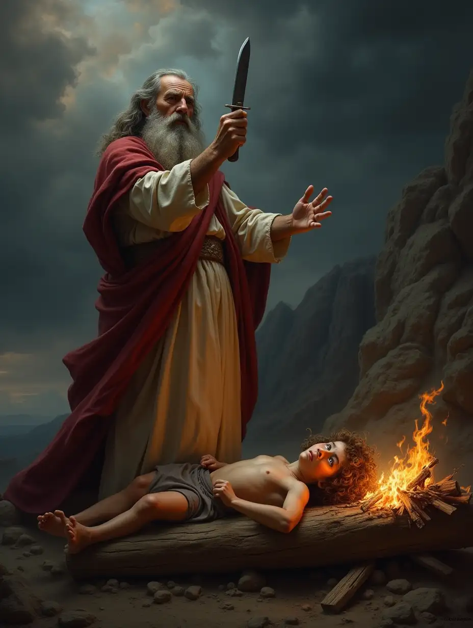 A dramatic scene of Abraham, an old man with a long beard, standing on a rocky mountain under a stormy sky, raising a sharp knife with trembling hands. His face shows agony and determination, while Isaac, a young boy, lies on a wooden altar, looking fearful but calm. A sacrificial fire is partially lit in the foreground. Use a Renaissance painting style with dramatic lighting and intense shadows.