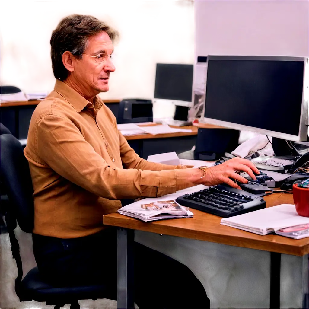 60YearOld-Writer-Working-on-a-Computer-at-the-Newspapers-Office-PNG-Image-for-HighQuality-Visuals