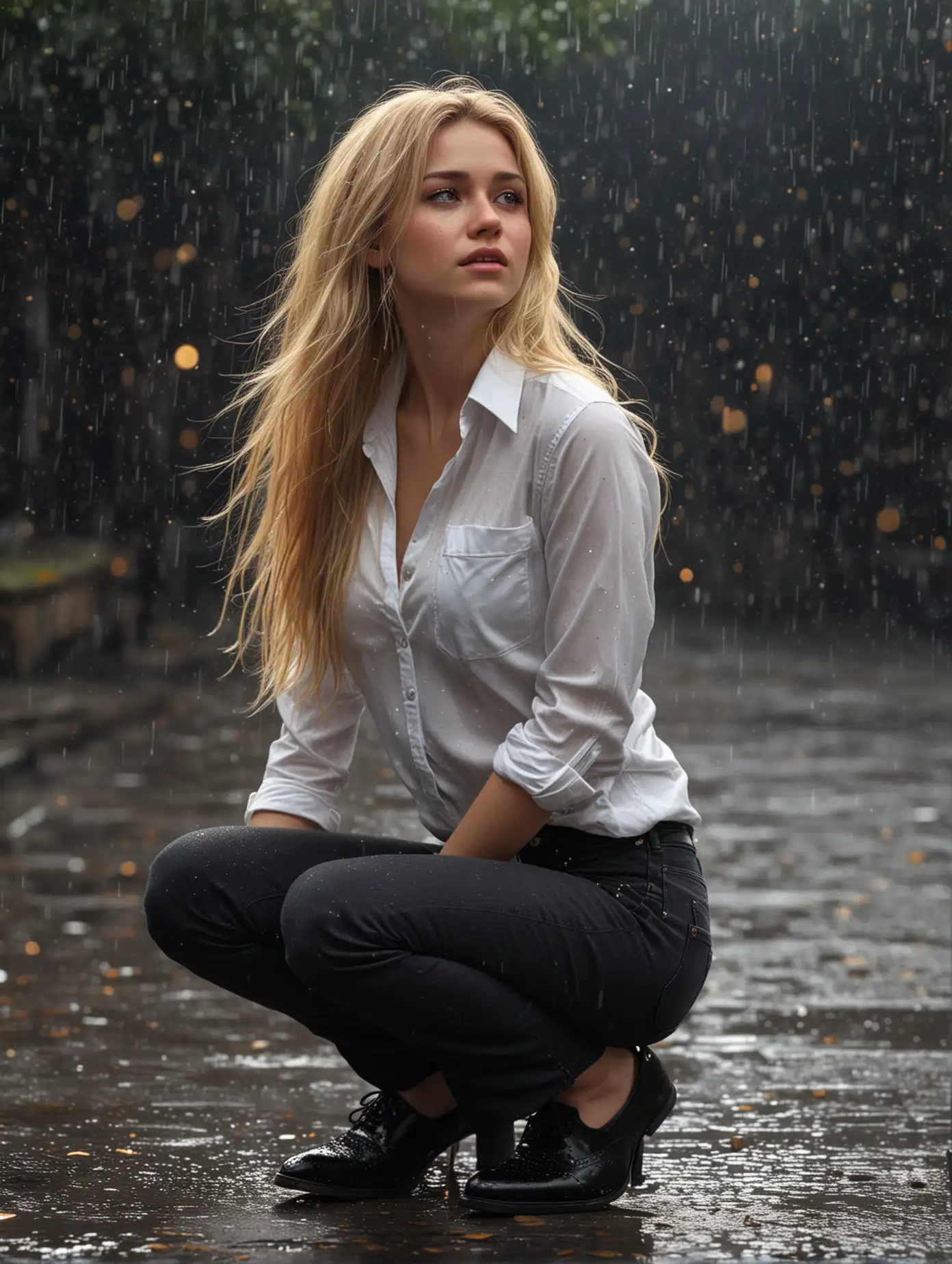 Blonde-Woman-in-Black-Jeans-and-White-Shirt-Kneeling-in-Golden-Sparkling-Rain