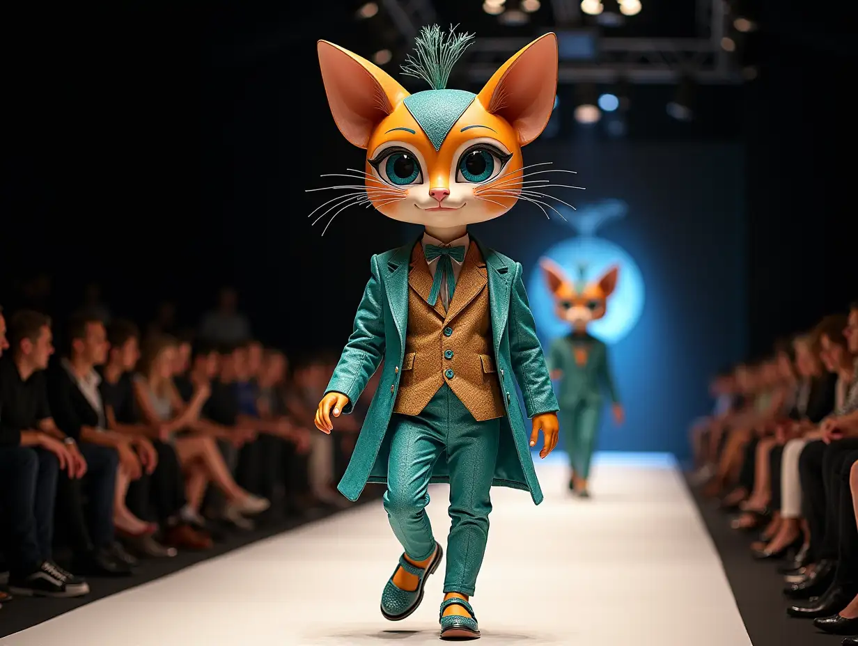 Ki-Fantasy, a mix of man-, cat- and peacock head design with beautiful shoes at a fashion show