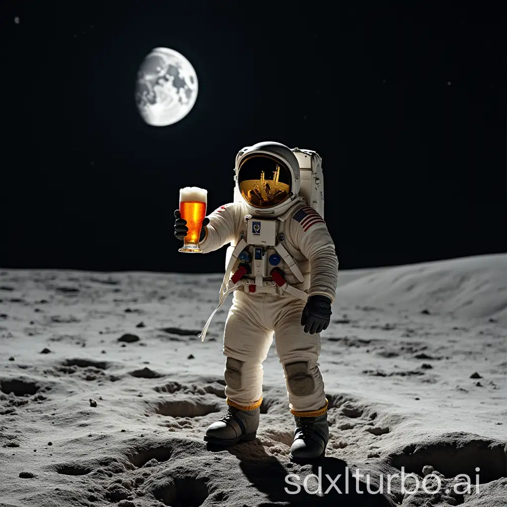 A person on the moon with a beer in their hand