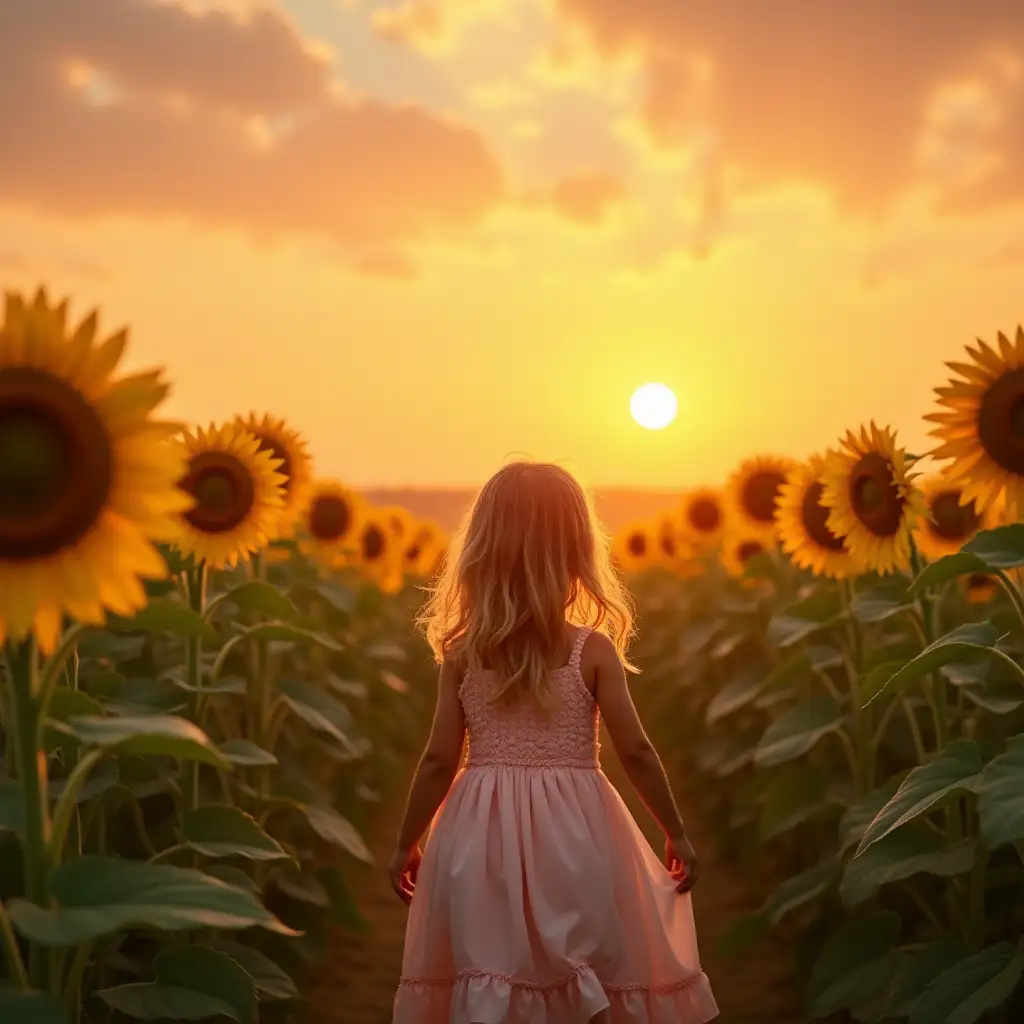 Little beautiful princess girl walking on a sunflower farm on a colorful sunrise