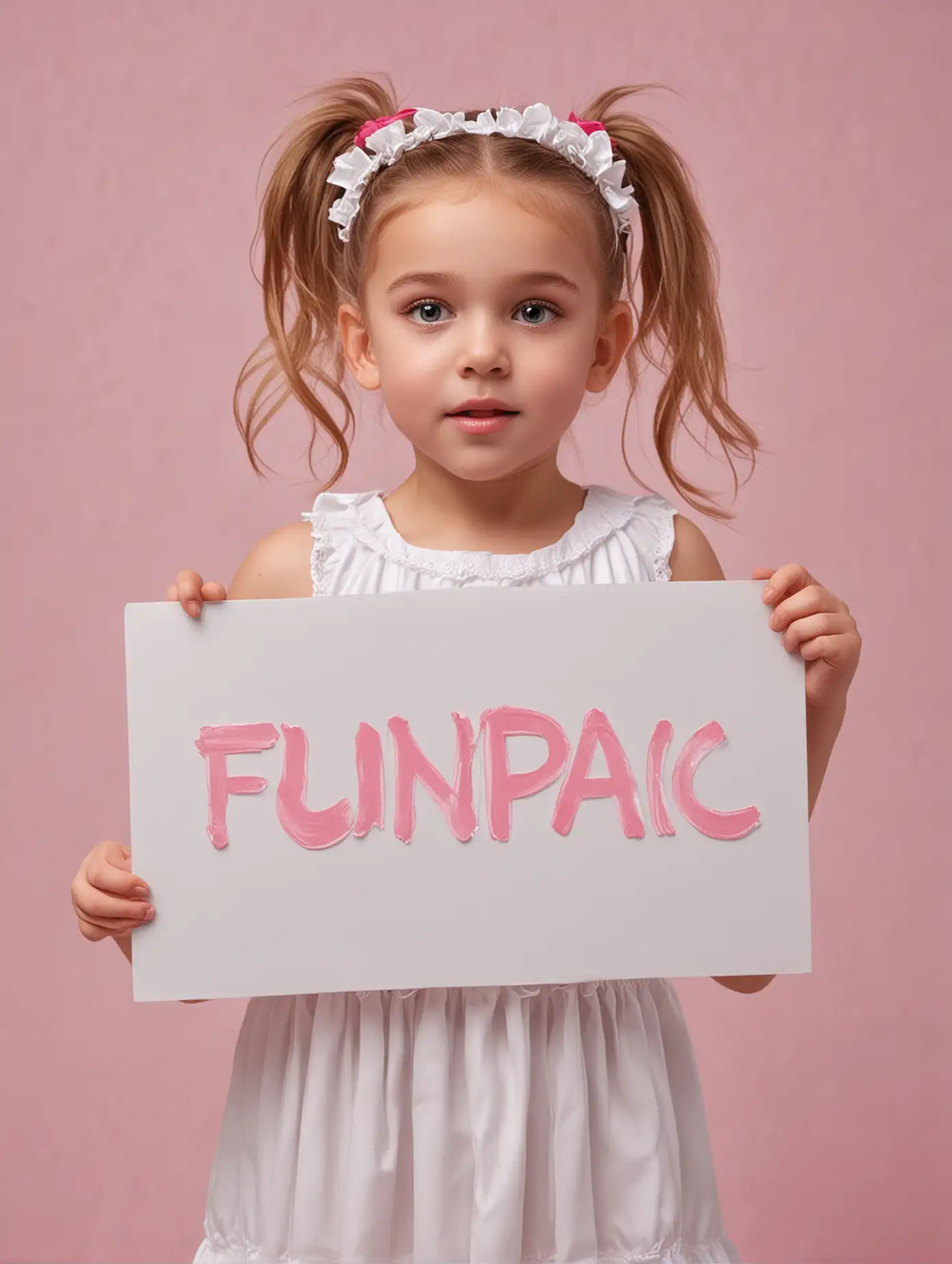 A little girl in a white dress, clear view of the pink face, holding a sign, the sign says FunHPC