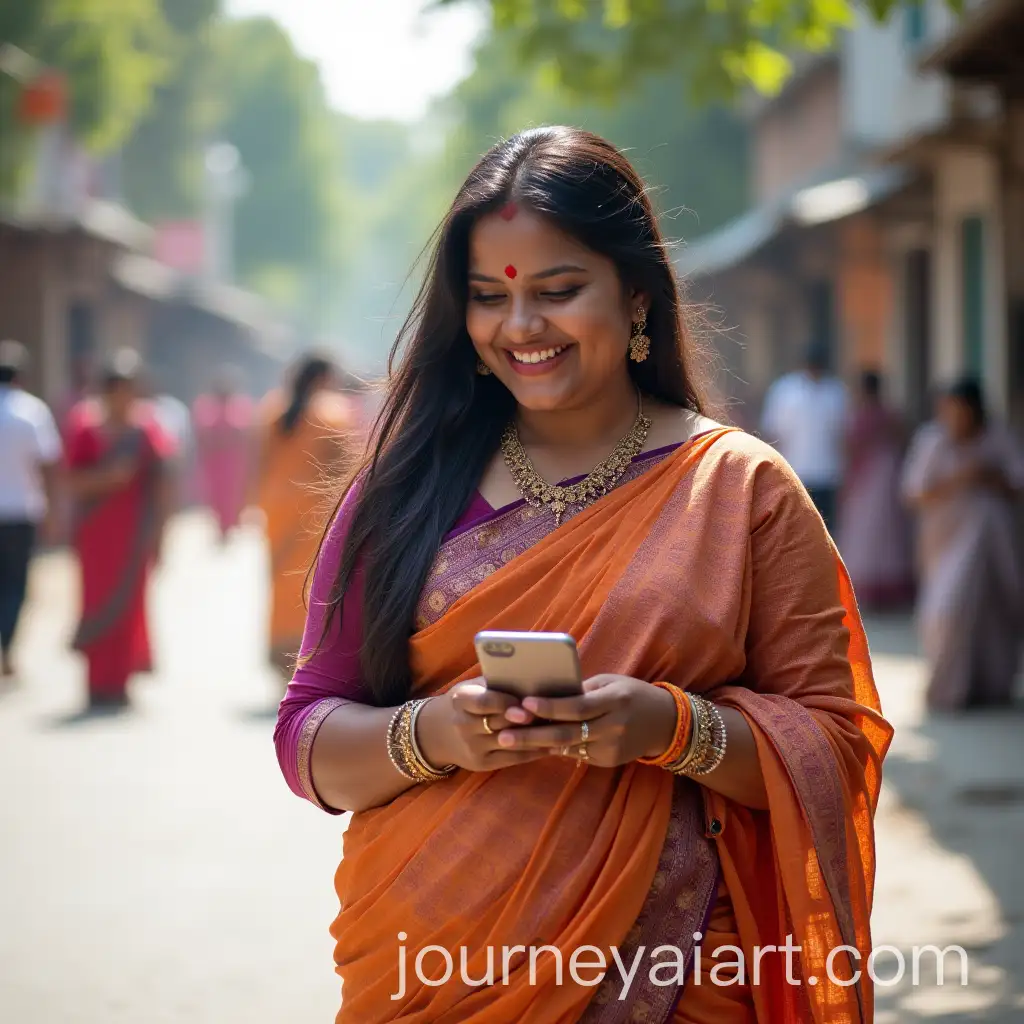 Smiling-Indian-Woman-in-Traditional-Attire-Using-Her-Phone-on-the-Street