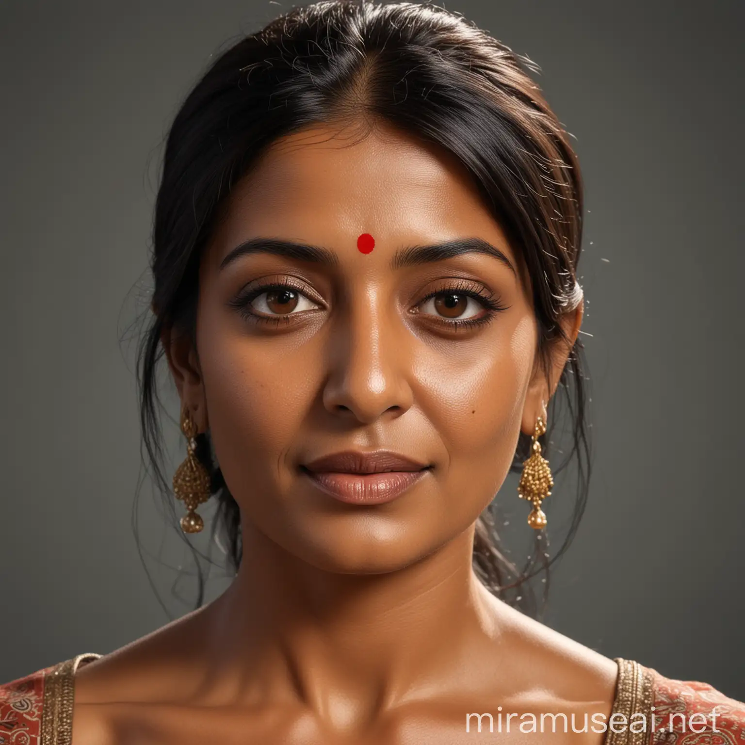 Hyper Realistic Portrait of an Indian Woman in Her 40s with Tanned Skin