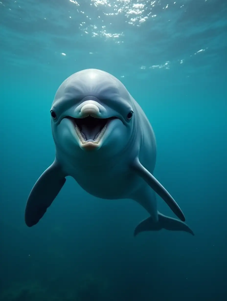 a mother dolphin underwater, her mouth is open due to tension. and swimming quickly.