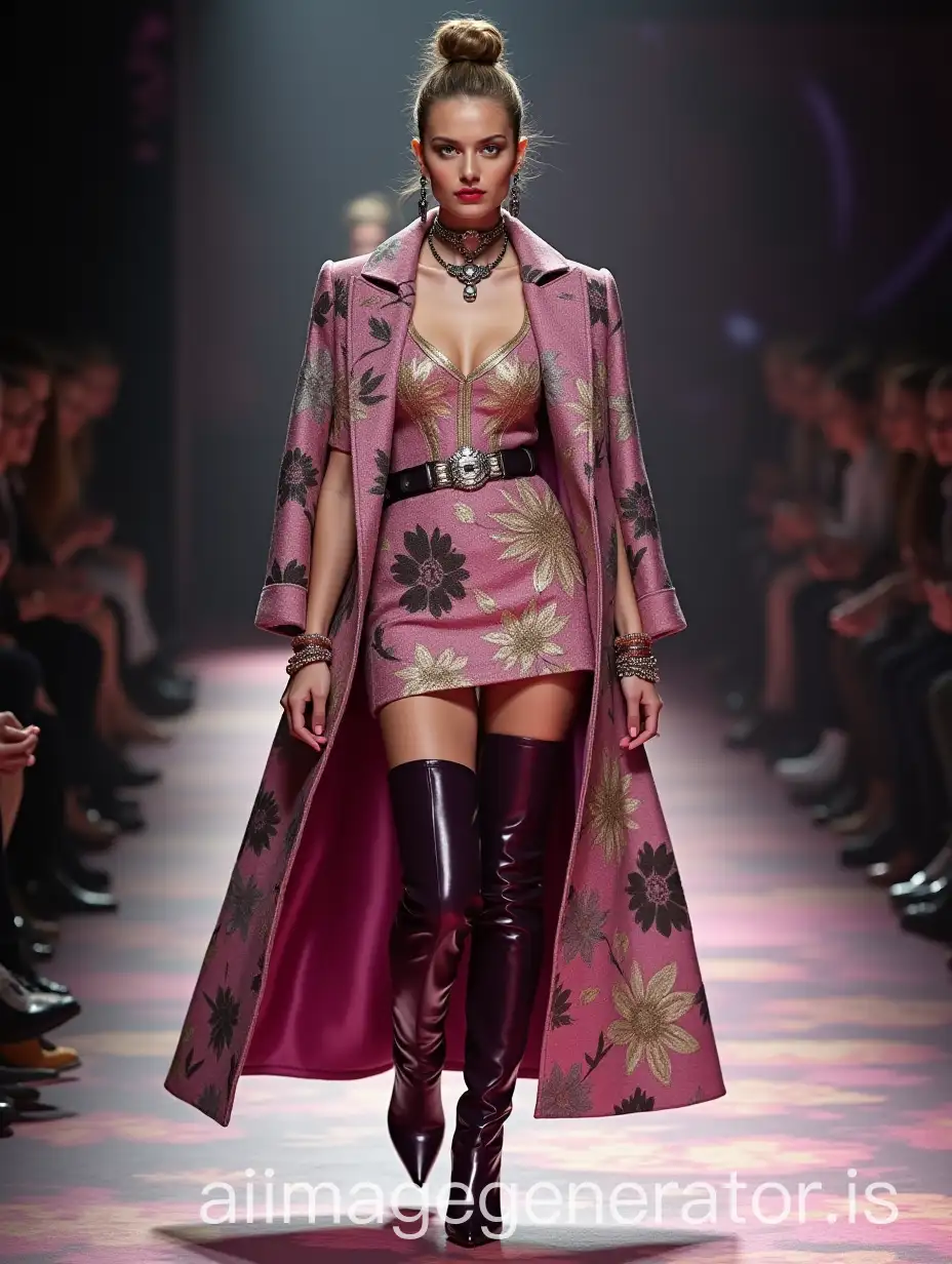 Russian-Model-on-Catwalk-in-Floral-Bodice-and-Skirt-with-High-Purple-Boots-and-Long-Coat